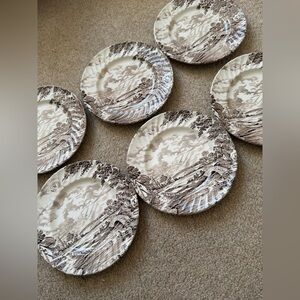Vintage Ridgway “Country Days” Transferware Plates Set of 6 + 1  Staffordshire
